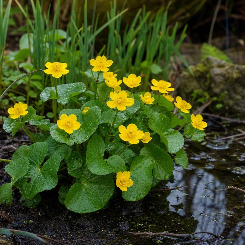 Caltha jaune aux feuilles rondes au bord de l’eau