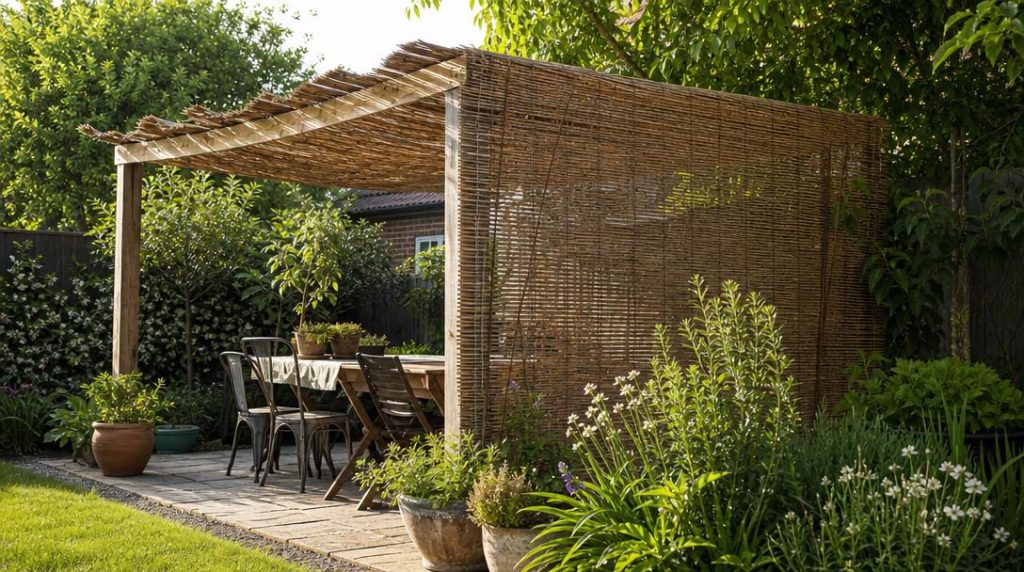 Canisses de roseau filtrant la lumière sur terrasse