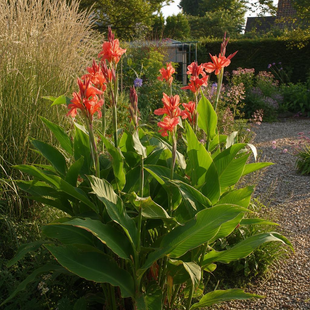 Canna rouge aux larges feuilles vertes dans un massif