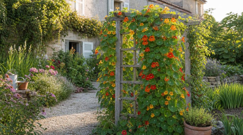 Capucine grimpante orange et jaune sur treillis bois