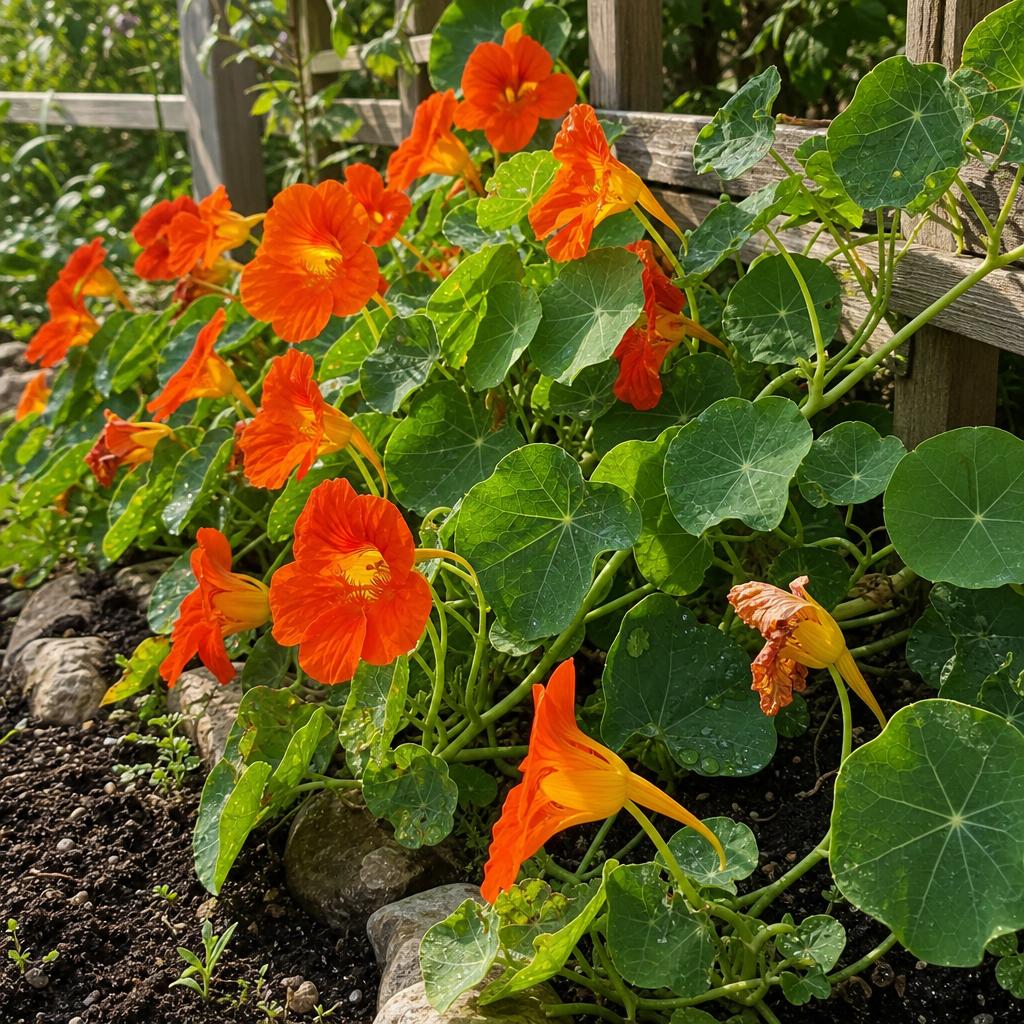 Capucine orange parmi des feuilles rondes vert bleuté