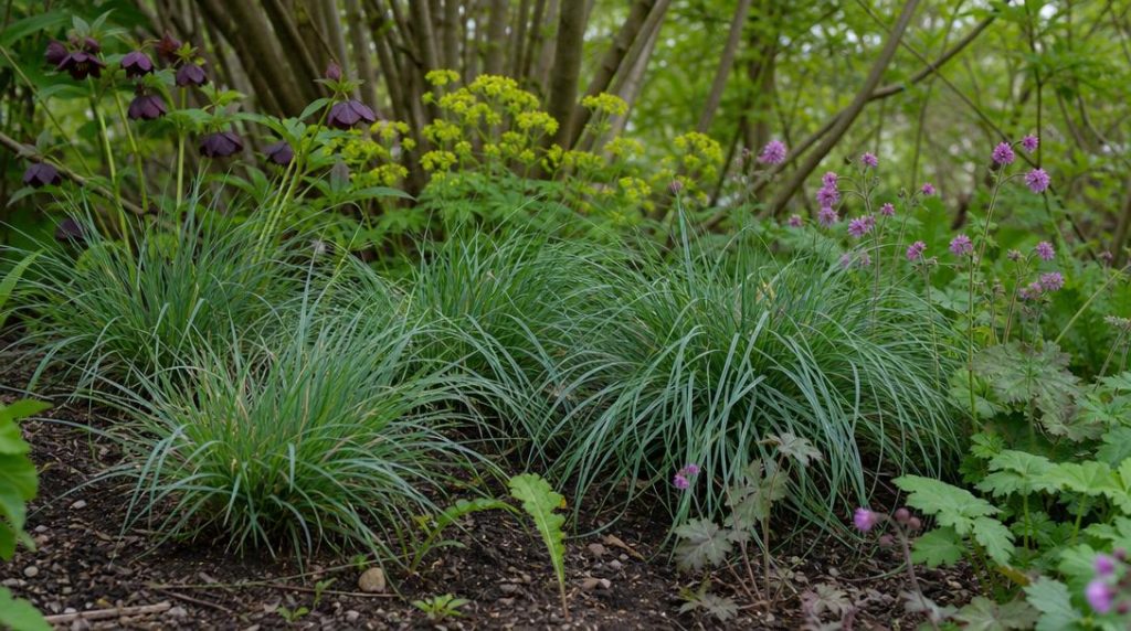 Carex bleuté couvrant le sol au pied d’arbustes