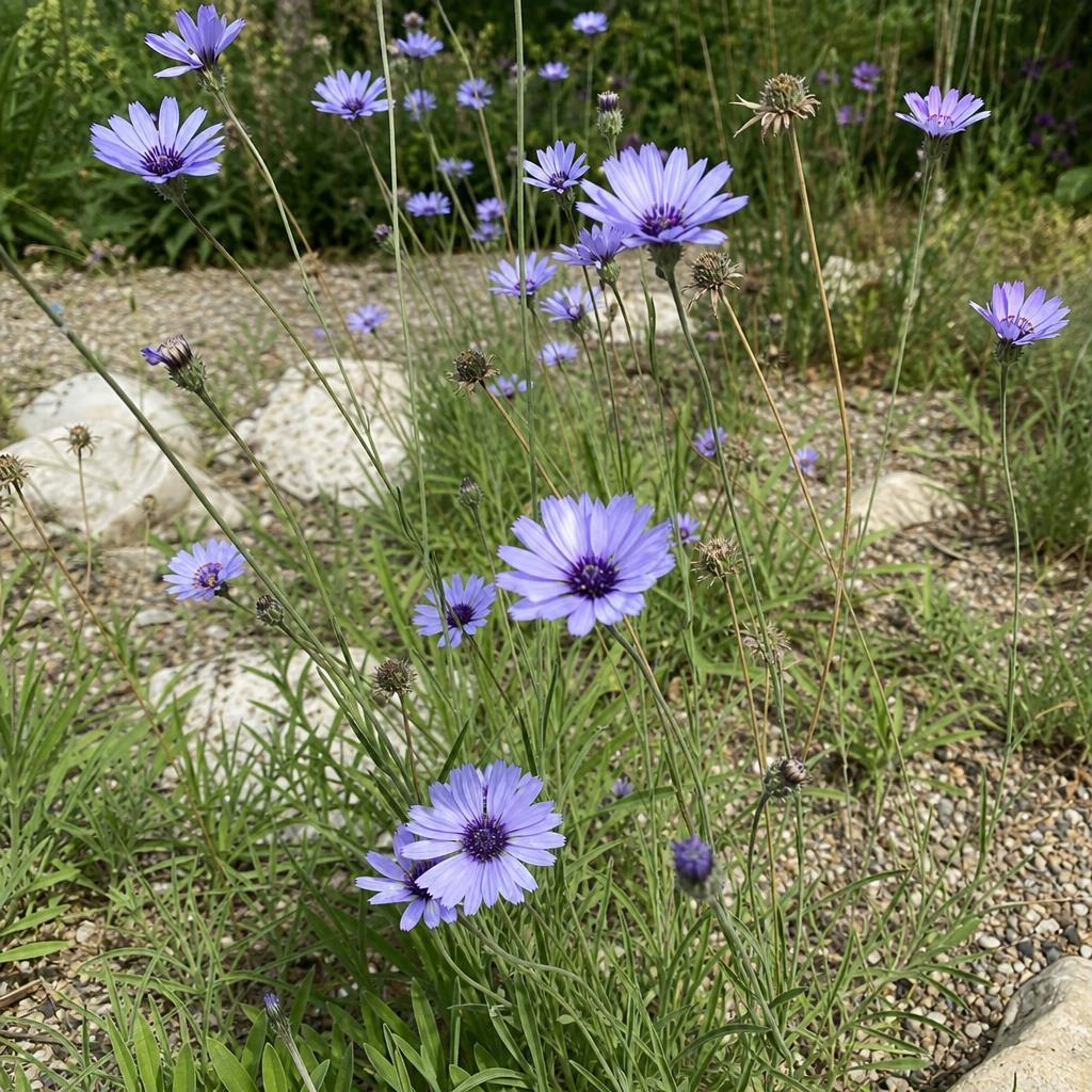 Catananche bleue aux fleurs légères dans un massif