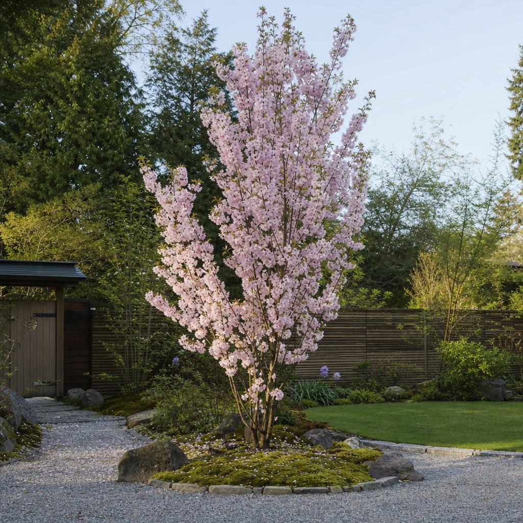 Cerisier du Japon compact couvert de fleurs roses