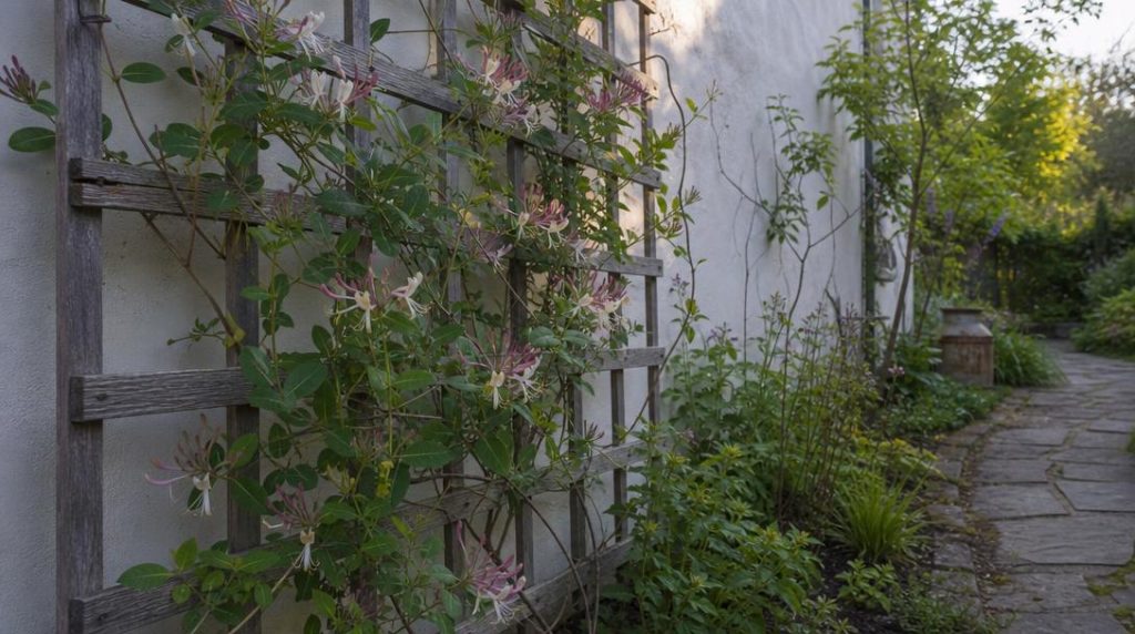 Chèvrefeuille fleuri sur treillage mural en bois