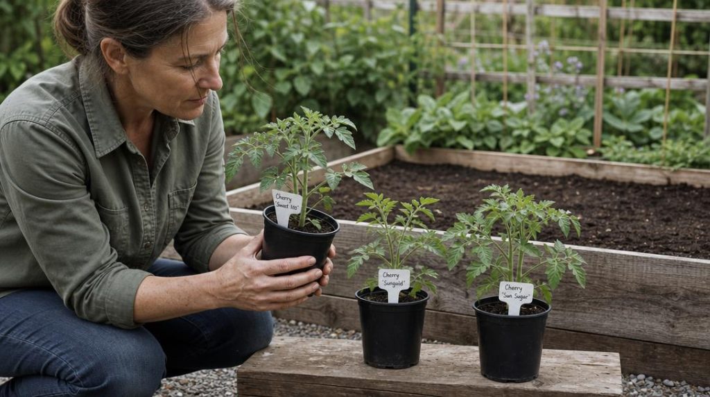 Jardinier comparant des plants de tomates cerises