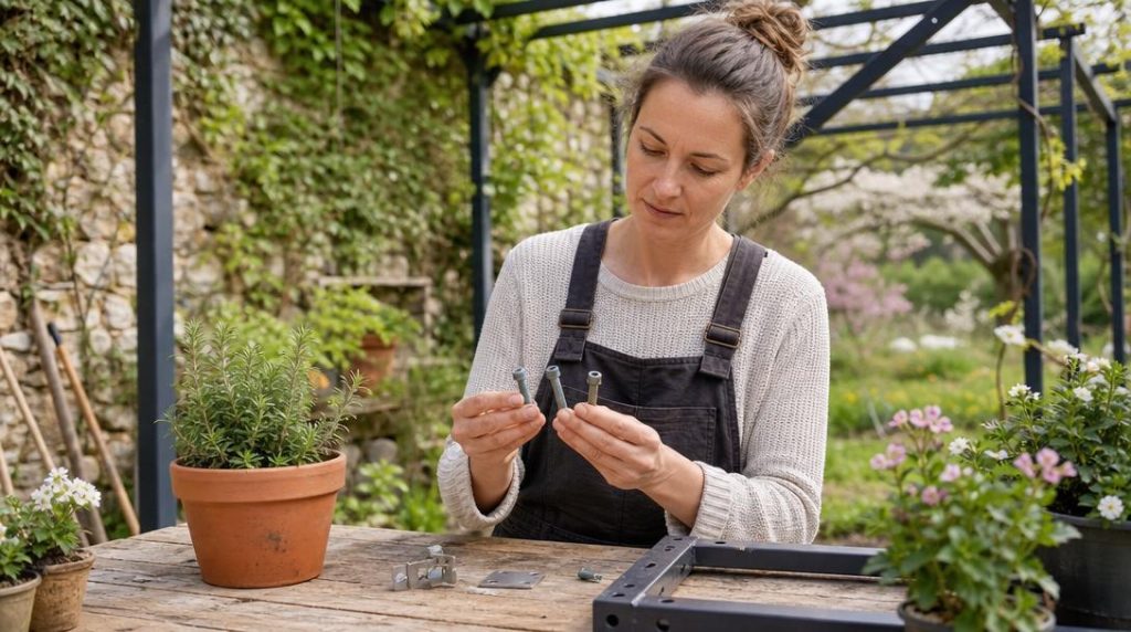 Jardinier comparant des fixations pour pergola extérieure