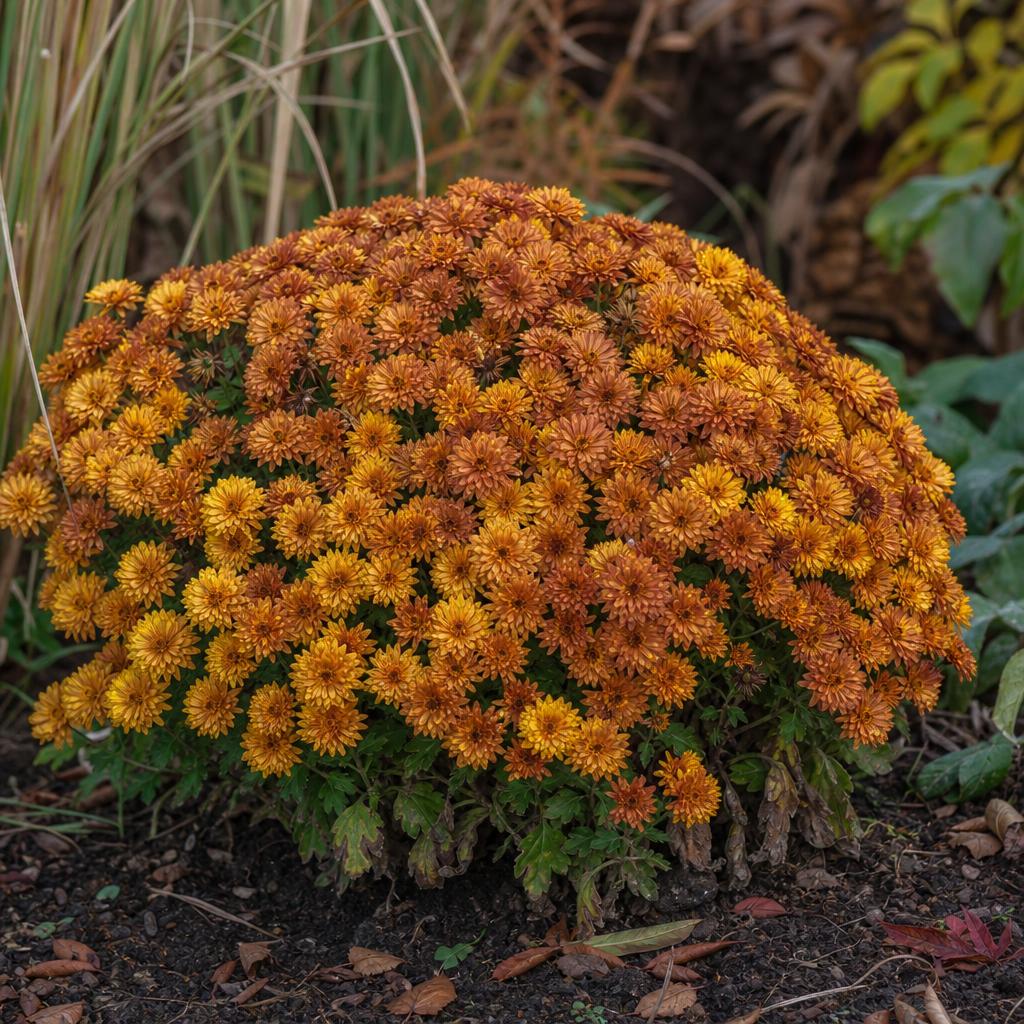 Chrysanthèmes dorés aux pétales denses en automne