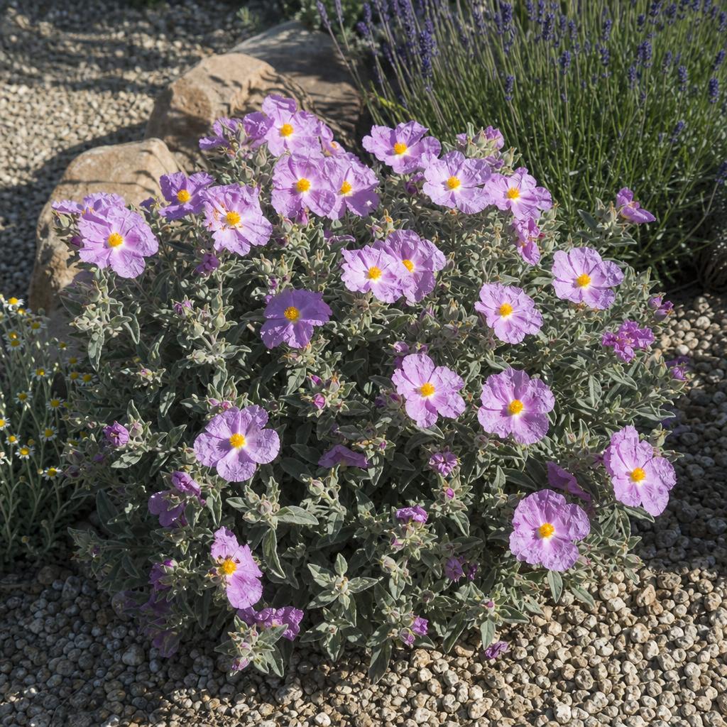 Ciste mauve aux pétales froissés sur feuillage gris
