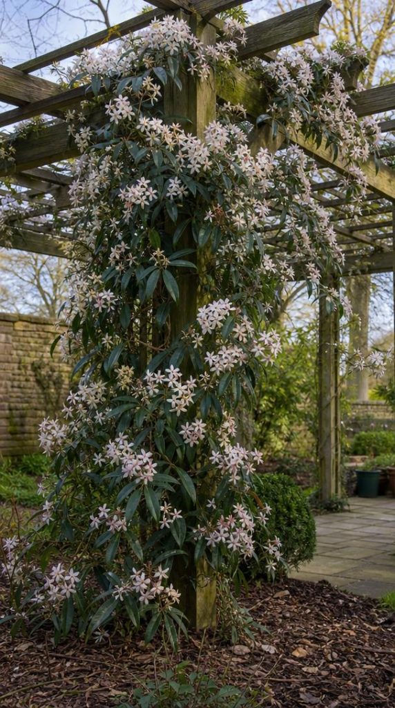 Clématite d'Armand fleurie couvrant une pergola en bois