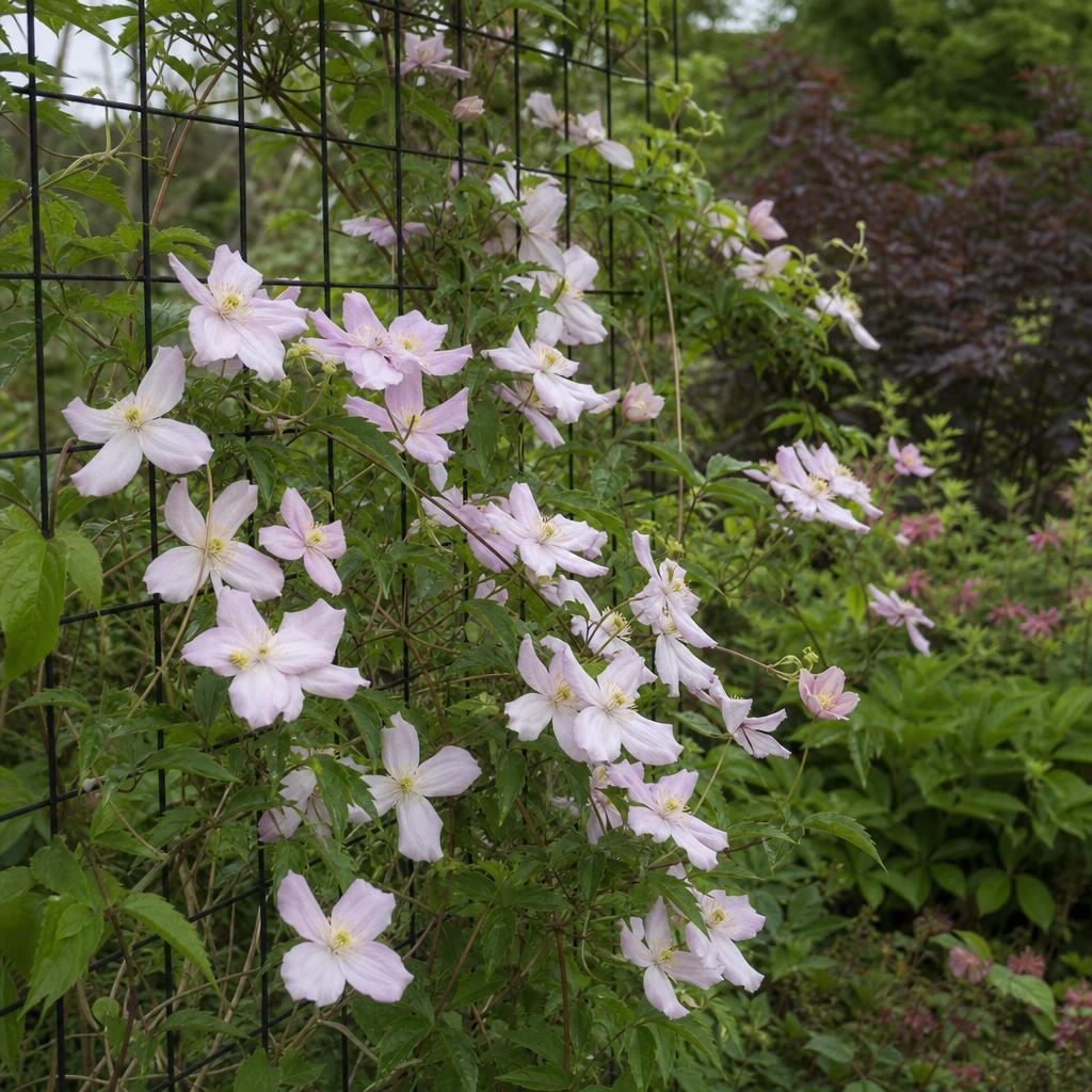 Clématite rose s’accrochant aux fils d’un treillis