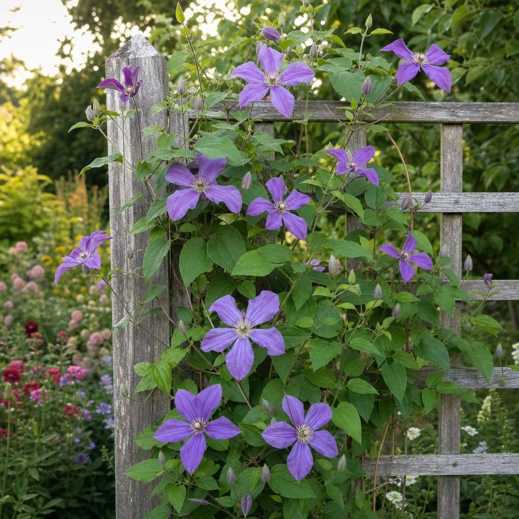 Clématite violette grimpant sur un treillage en bois