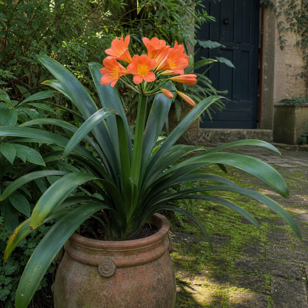 Clivia orange sur longues feuilles vert foncé