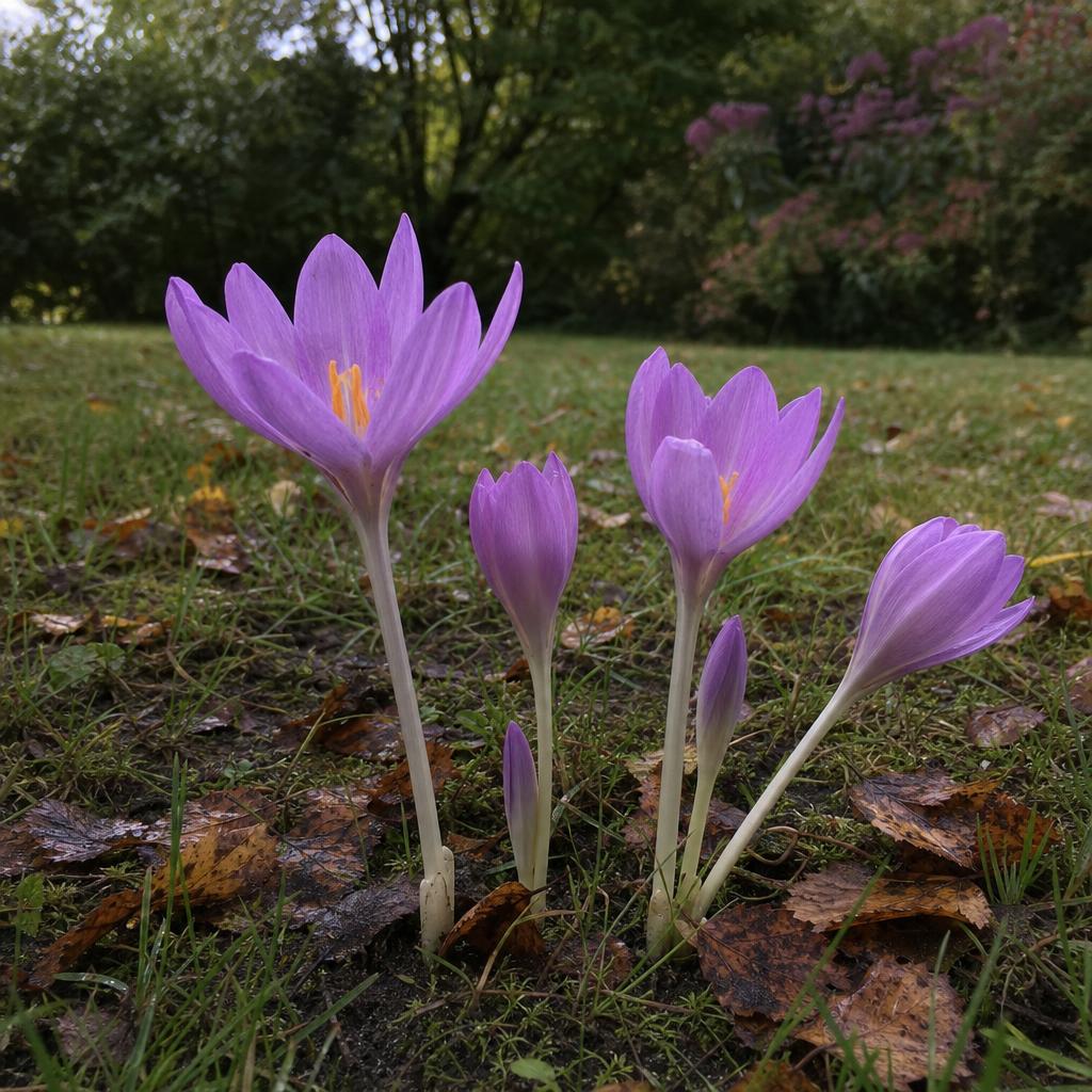 Colchiques mauves ouverts dans une herbe d’automne