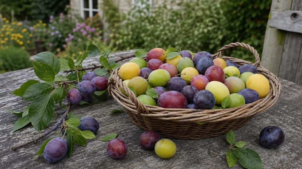 Récolte variée de prunes jaunes vertes rouges et violettes