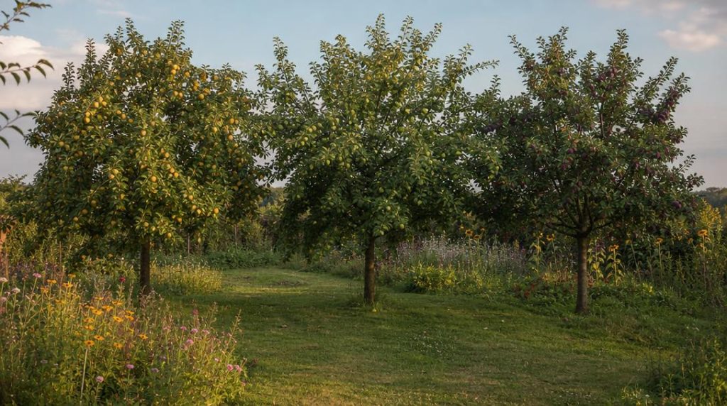 Plusieurs pruniers fruitiers dans un jardin familial en été