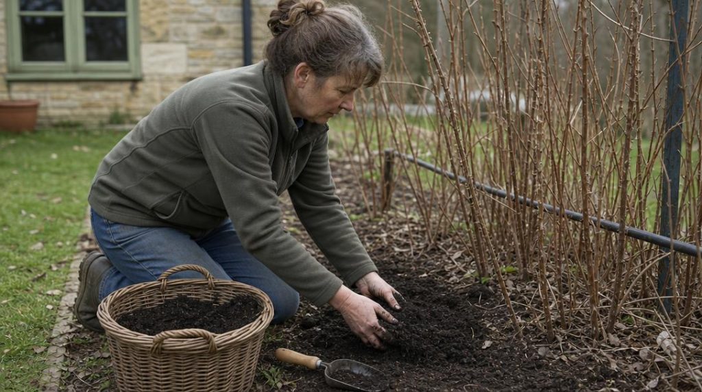 Compost mûr réparti autour de cannes fruitières