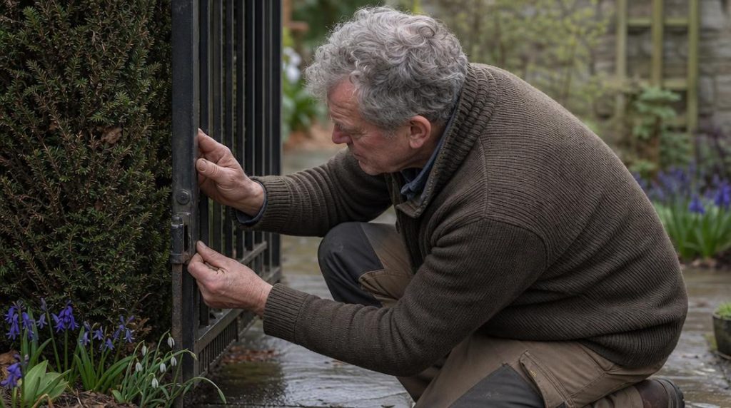 Jardinier contrôlant les fixations d'un portail métallique