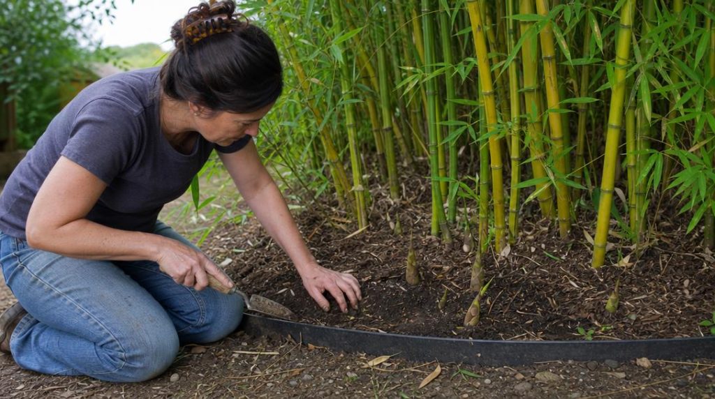 Jardinier contrôlant un rhizome près du bord visible