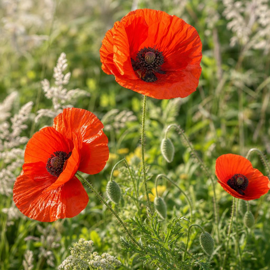 Coquelicot rouge aux pétales fins dans les herbes