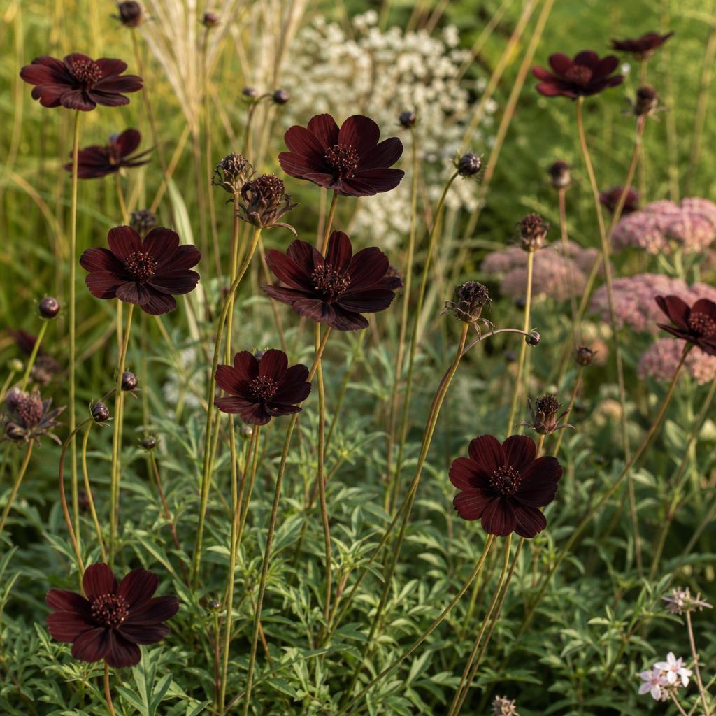 Cosmos chocolat brun bordeaux dans une bordure fleurie