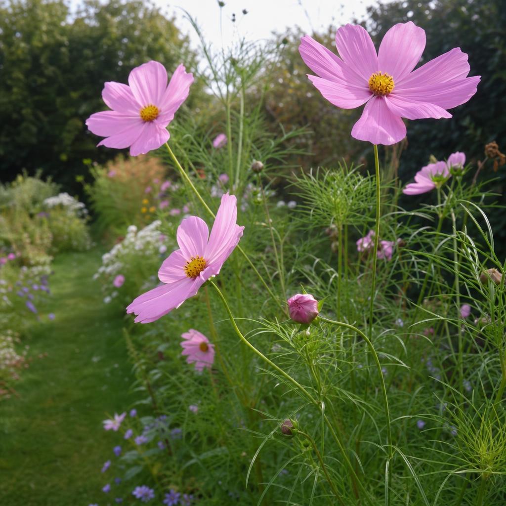 Cosmos rose à cœur jaune dans un massif d’été