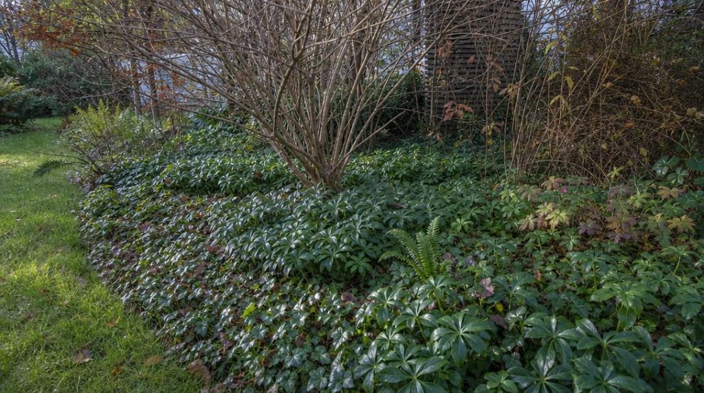Feuillages persistants au pied d’arbustes en hiver