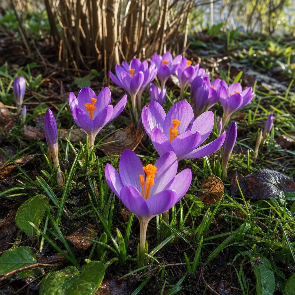 Crocus violets ouverts dans une pelouse de printemps