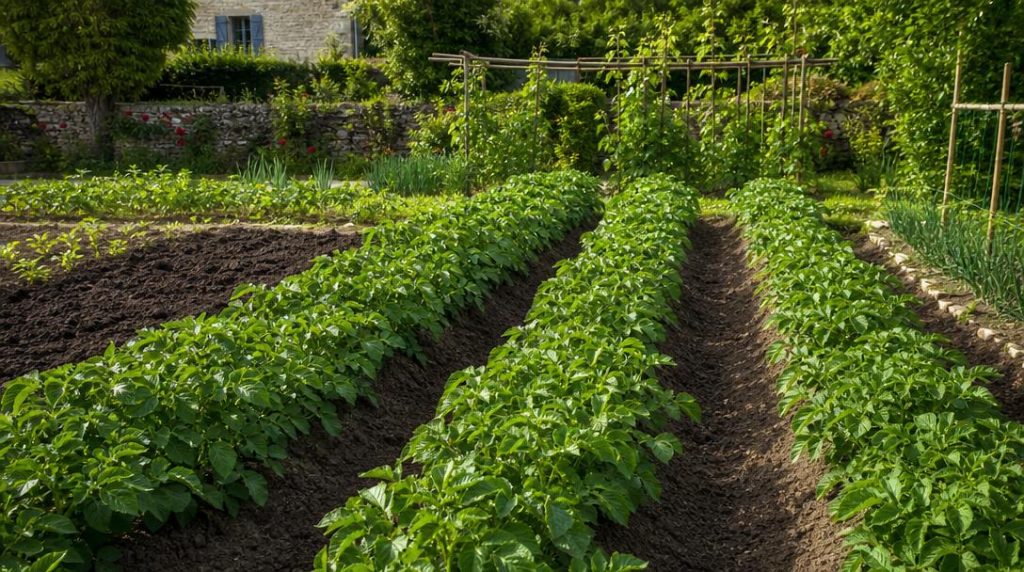Rangs de pommes de terre cultivés sur buttes