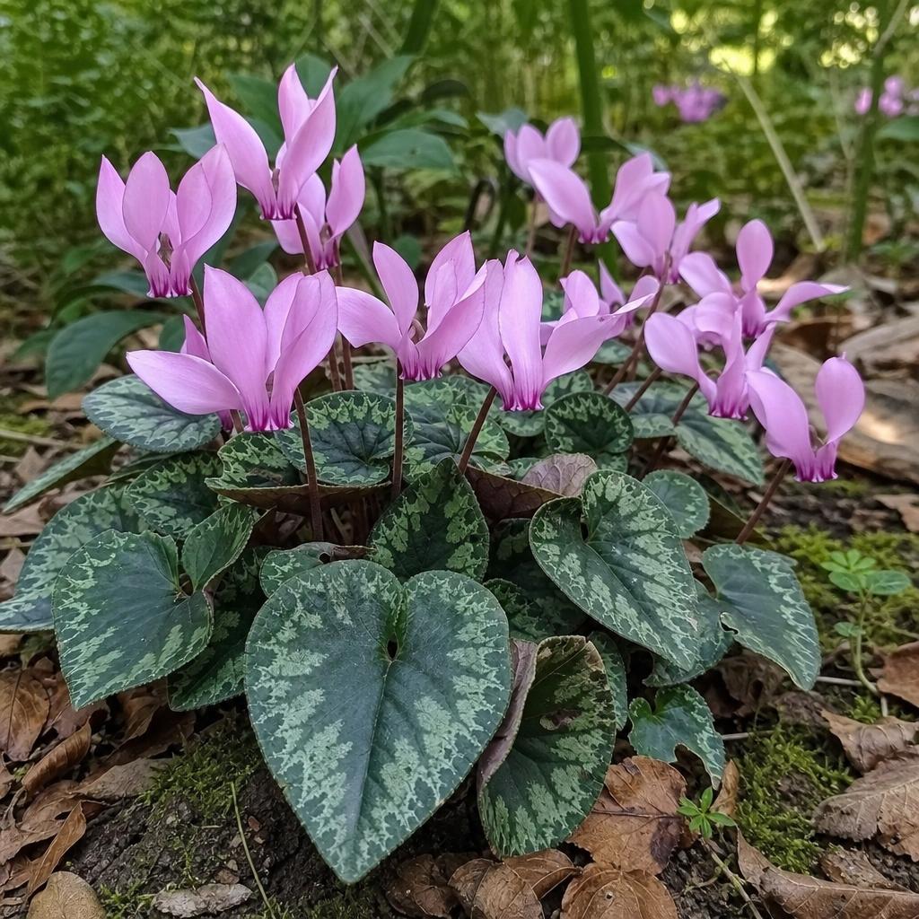Cyclamen rose aux pétales relevés et feuilles marbrées