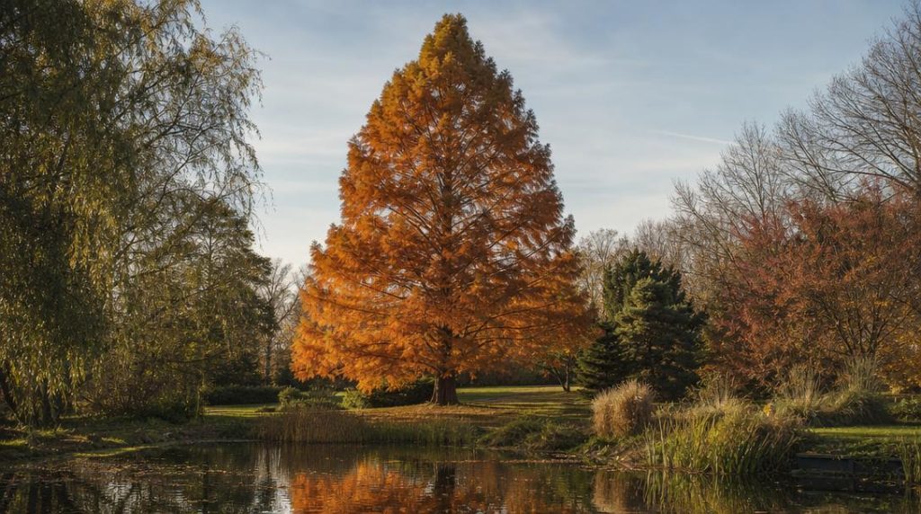 Cyprès chauve cuivré près d’un bassin de jardin