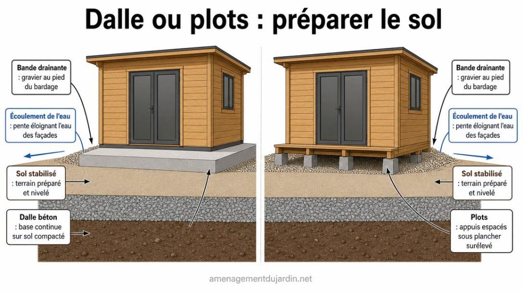 Schéma comparatif dalle béton et plots de fondation