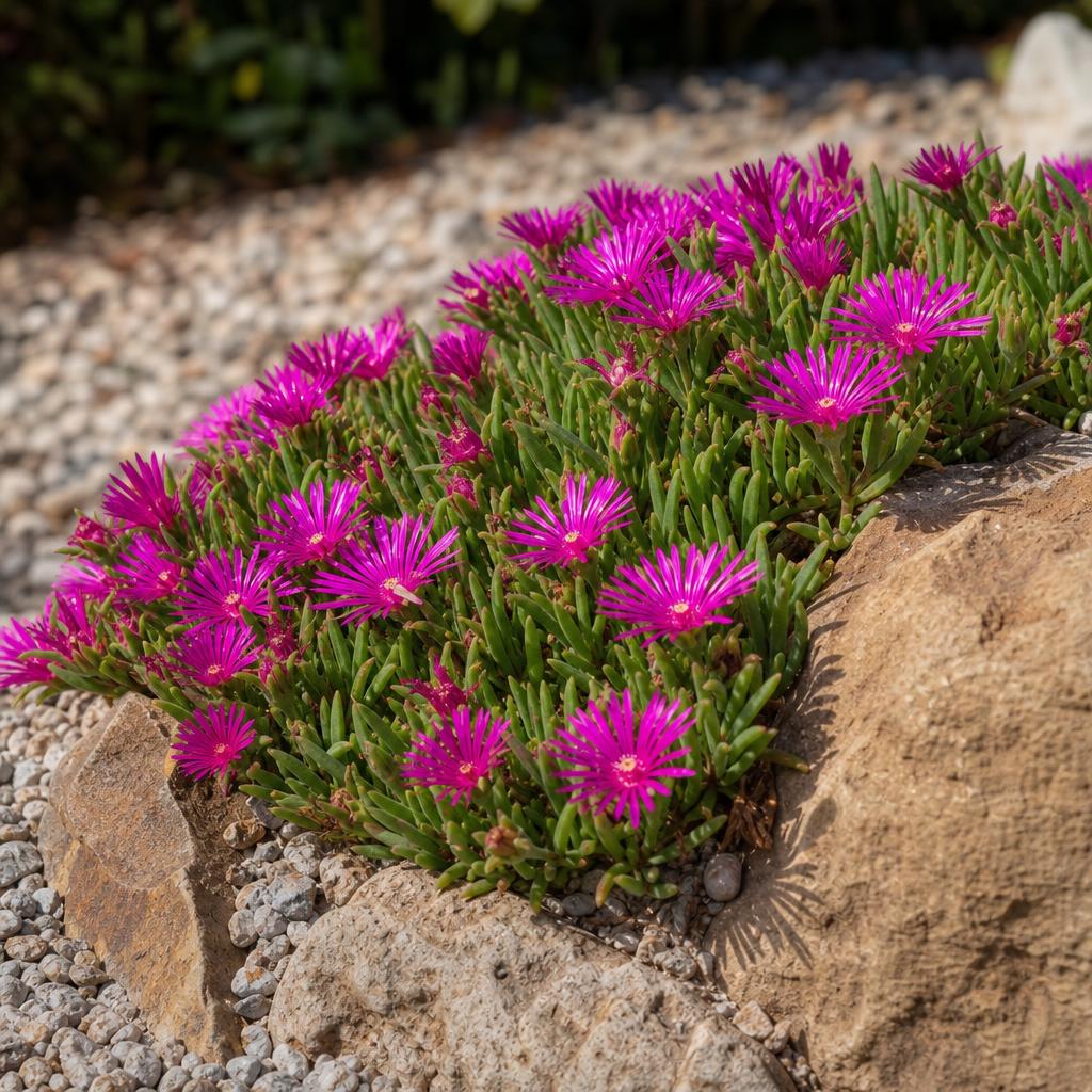 Delosperma rose vif sur gravier et pierres