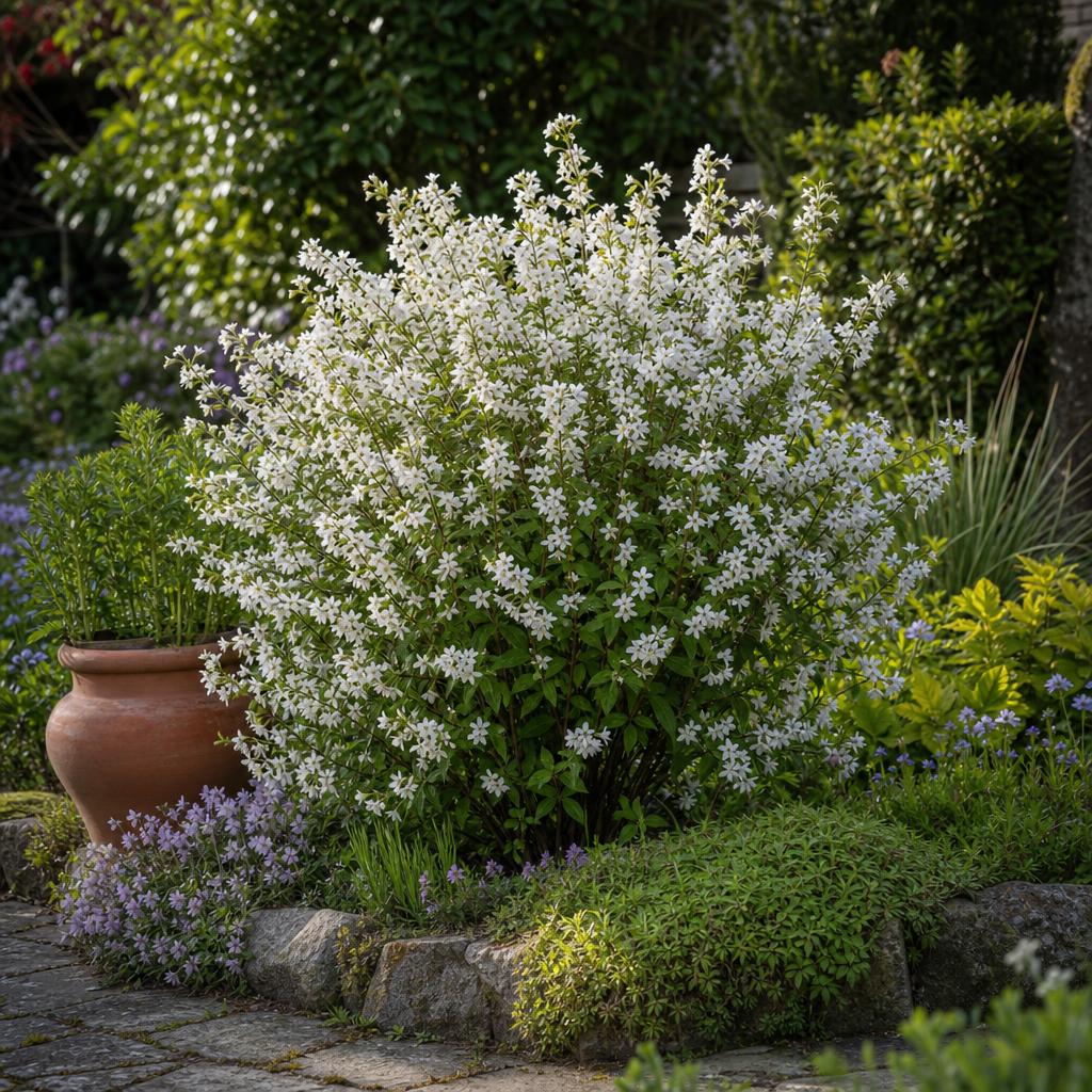Deutzia gracilis blanc dans une bordure de jardin