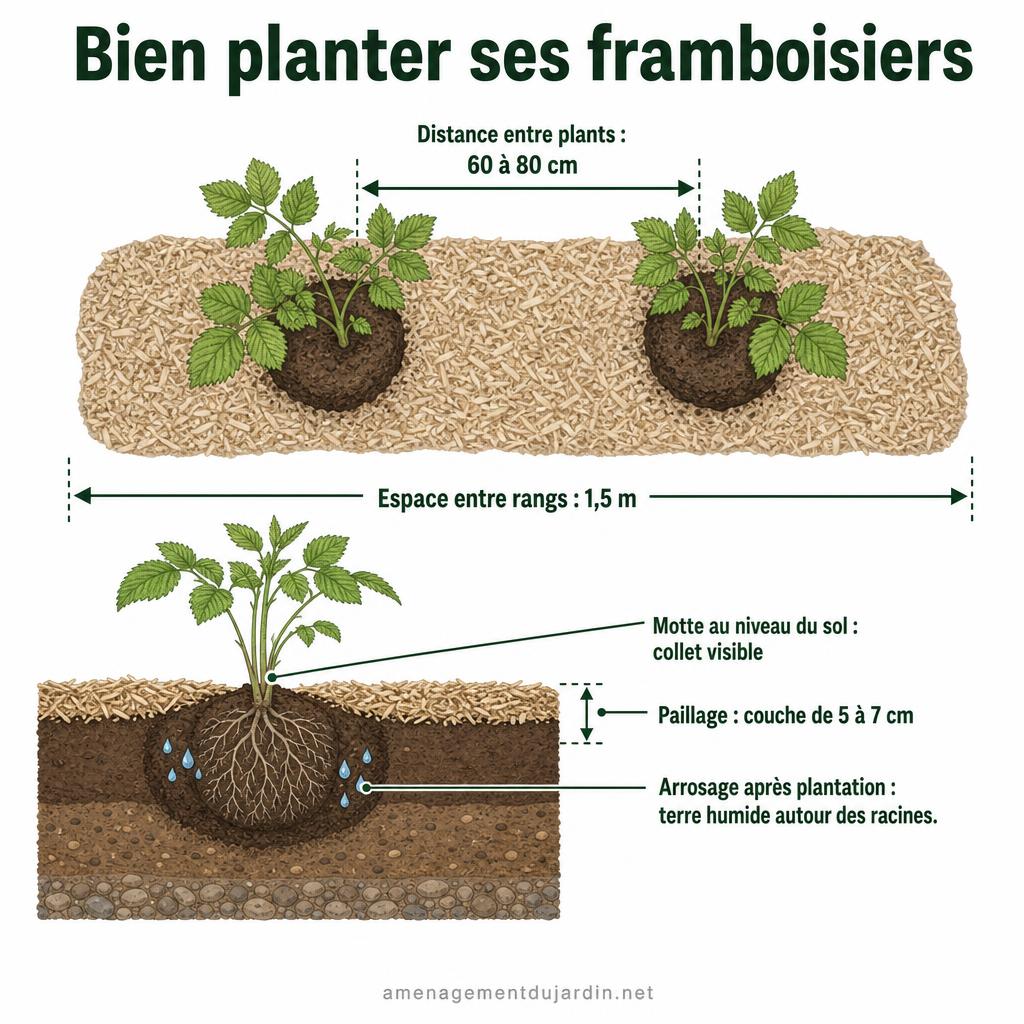 Schéma des distances entre jeunes framboisiers paillés