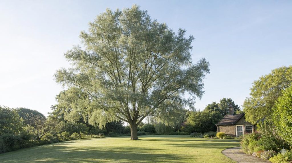 Saule blanc mature planté loin d’une maison