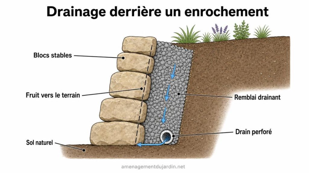 Schéma du drainage derrière un mur de pierres