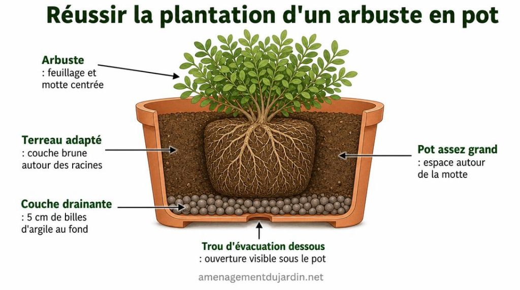 Schéma de drainage pour arbuste cultivé en pot