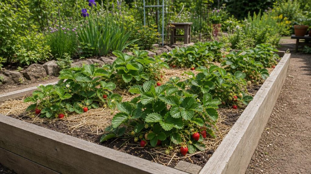 Fraisiers paillés dans un carré potager ensoleillé