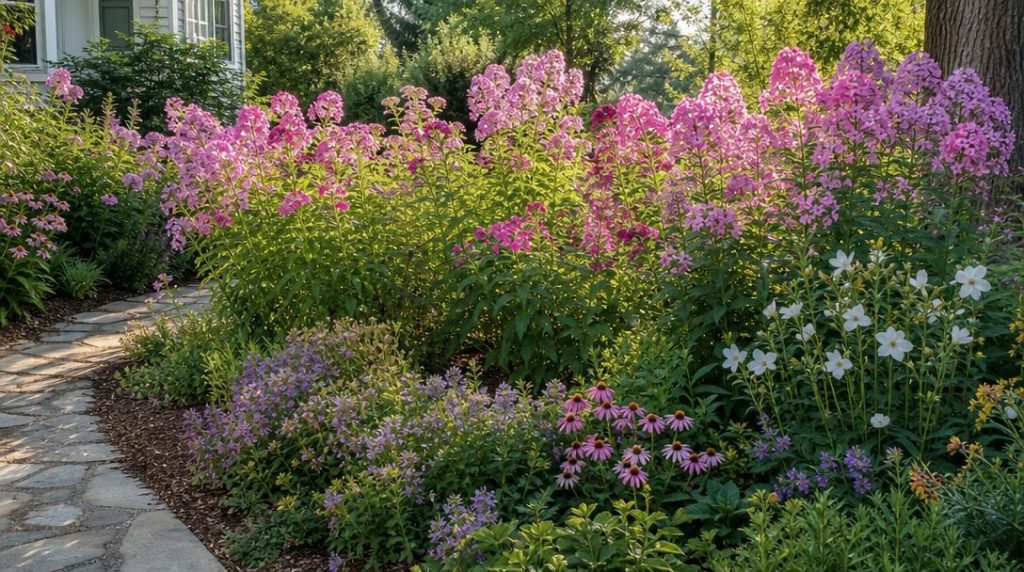 Phlox en massif lumineux avec espace entre les touffes