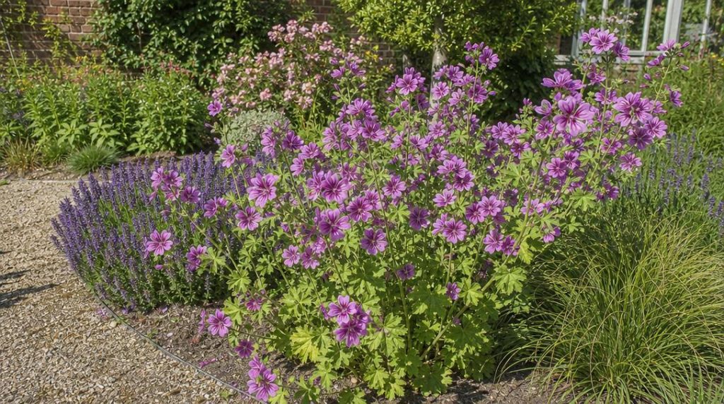 Mauve en fleur dans un massif ensoleillé et drainé