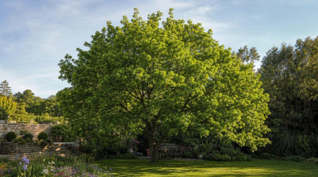 Érable champêtre au feuillage dense près d'une terrasse