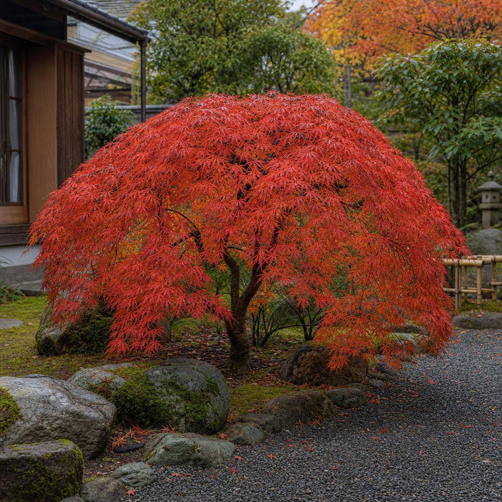 Érable du Japon rouge près d’un chemin de gravier