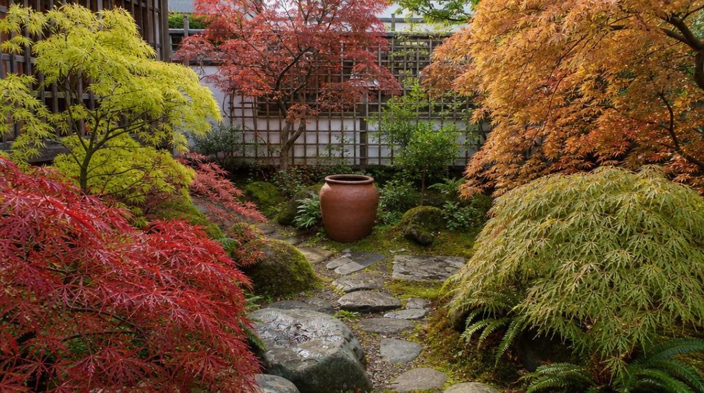Érables du Japon nains dans un petit jardin automnal