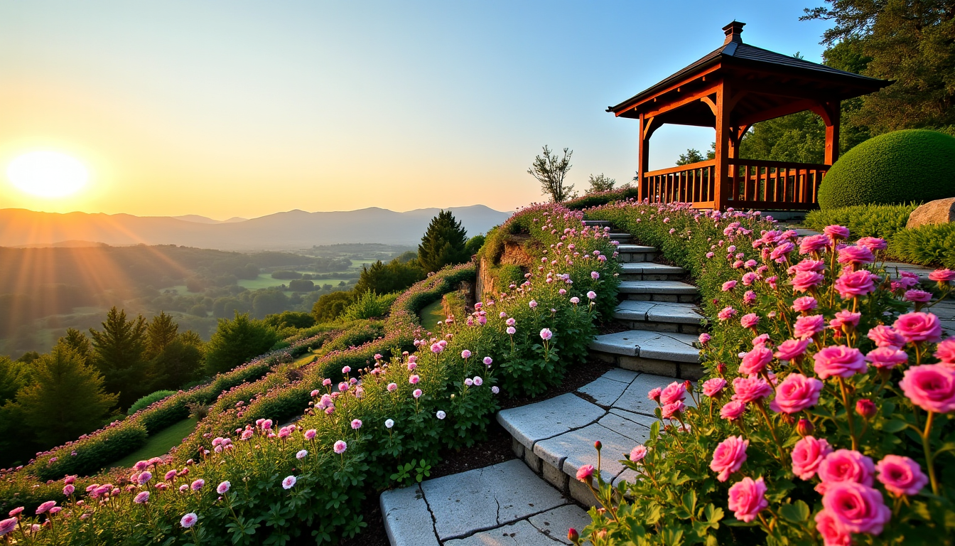Escalier en pierre bordé de fleurs menant à un kiosque au coucher du soleil
