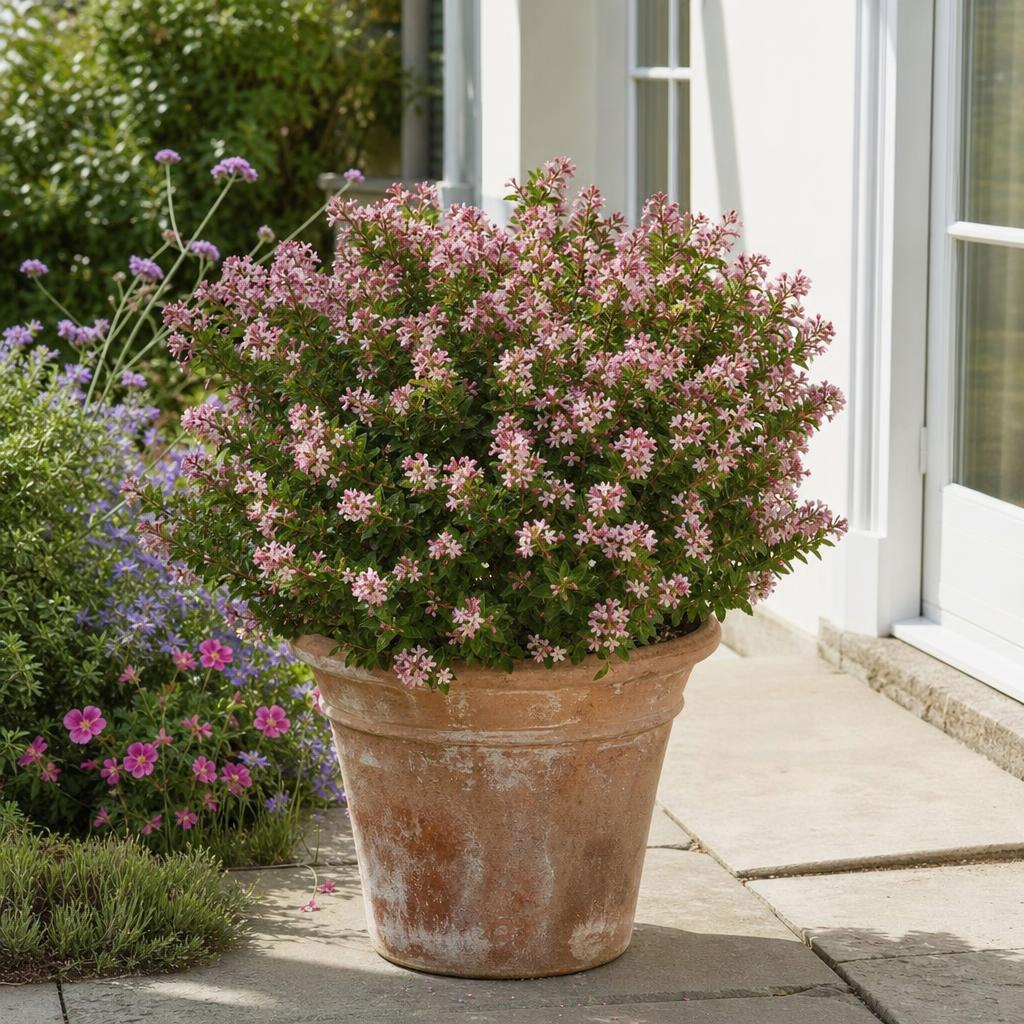 Escallonia compact rose dans un grand pot en terre cuite
