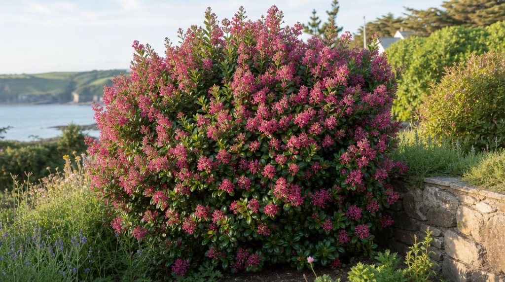 Escallonia rose fleuri dans une haie de bord de mer