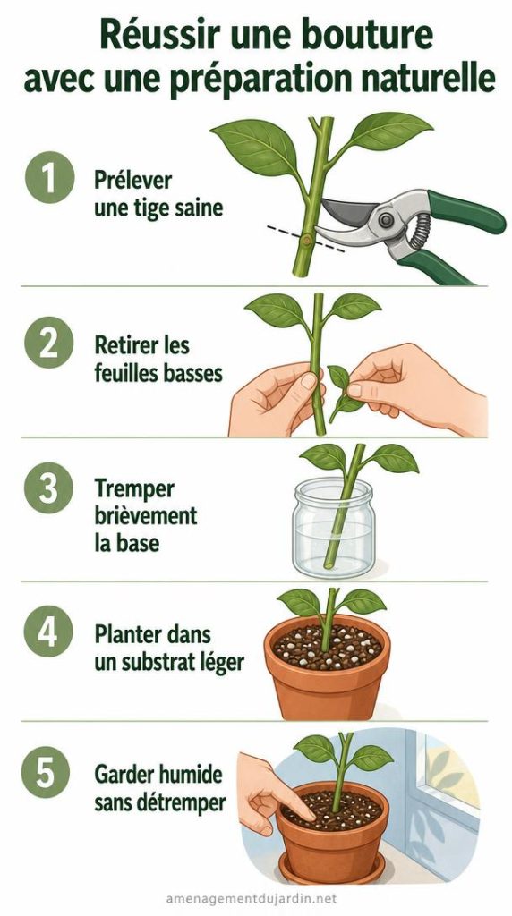 Étapes illustrées pour préparer et planter une bouture
