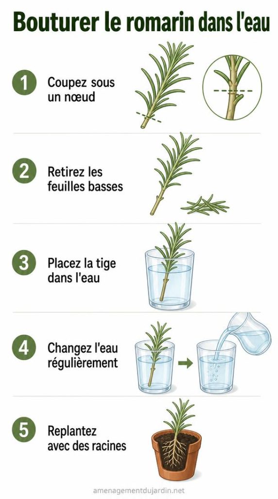 Étapes illustrées pour bouturer du romarin dans l’eau