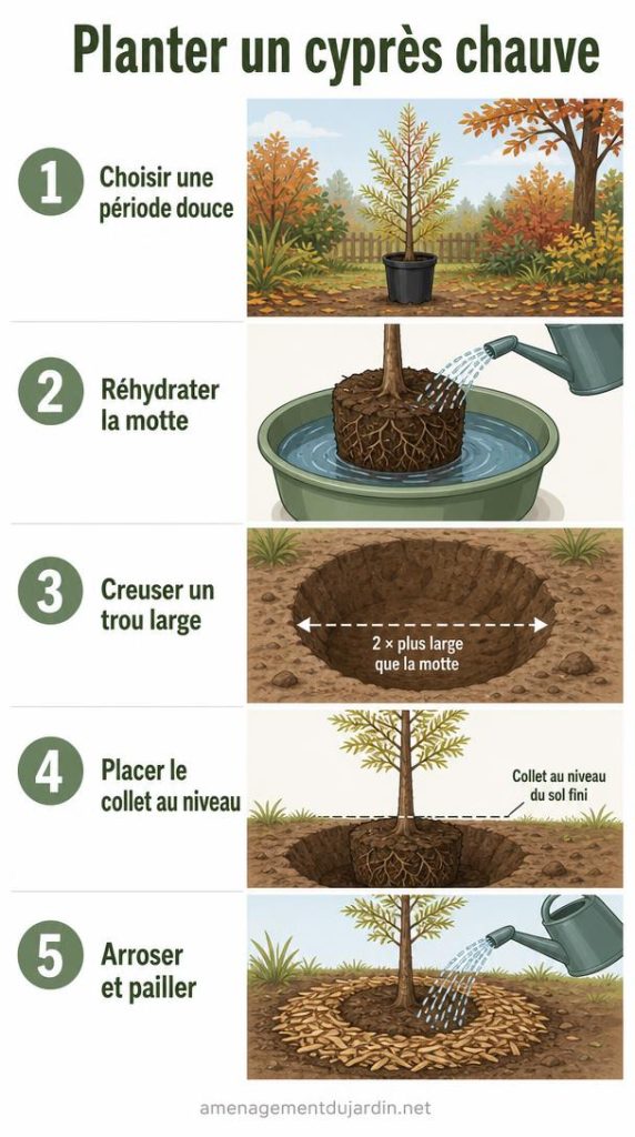Étapes illustrées de plantation d’un jeune cyprès chauve